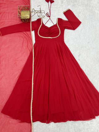 Red Georgette Gown with Lace Dupatta ClothsVilla