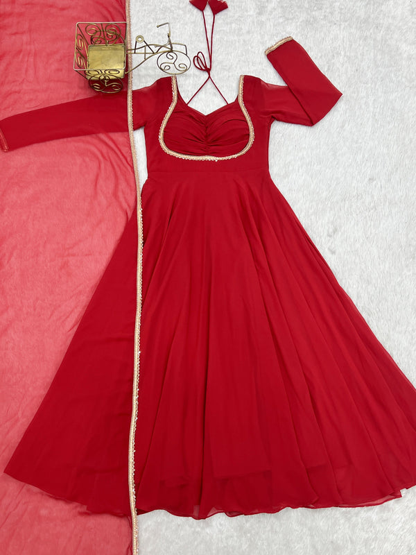 Red Georgette Gown with Lace Dupatta ClothsVilla