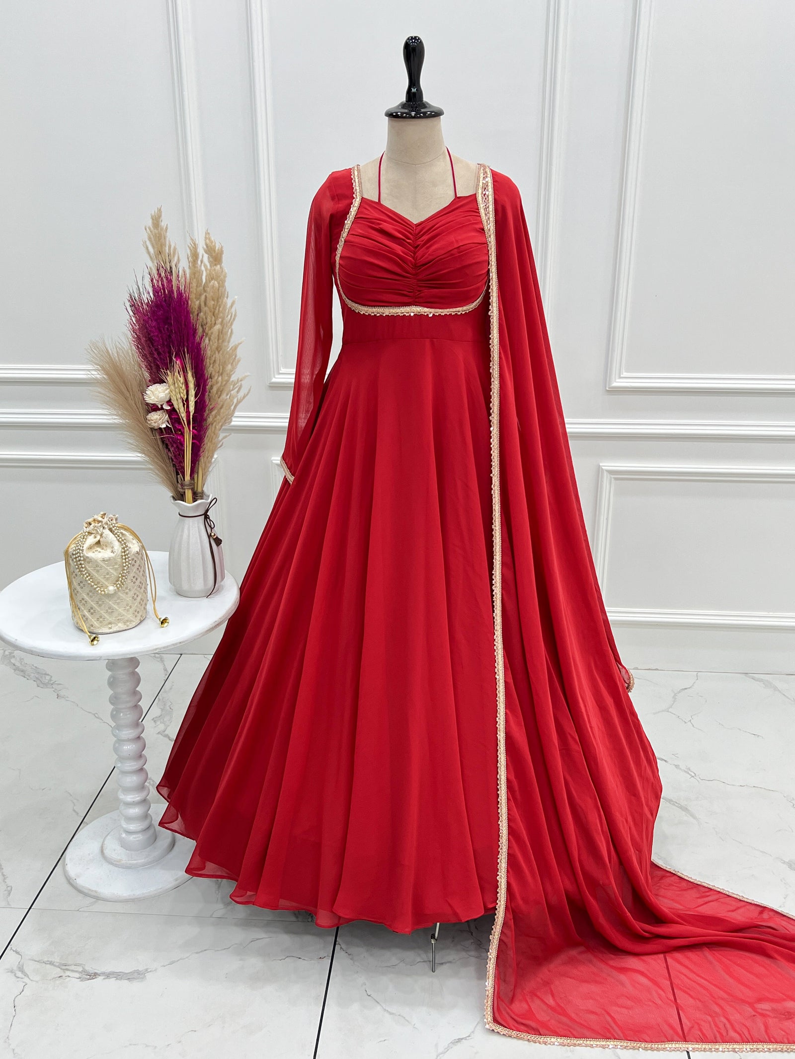 Red Georgette Gown with Lace Dupatta ClothsVilla
