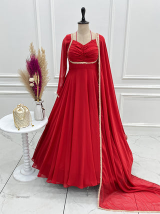 Red Georgette Gown with Lace Dupatta ClothsVilla
