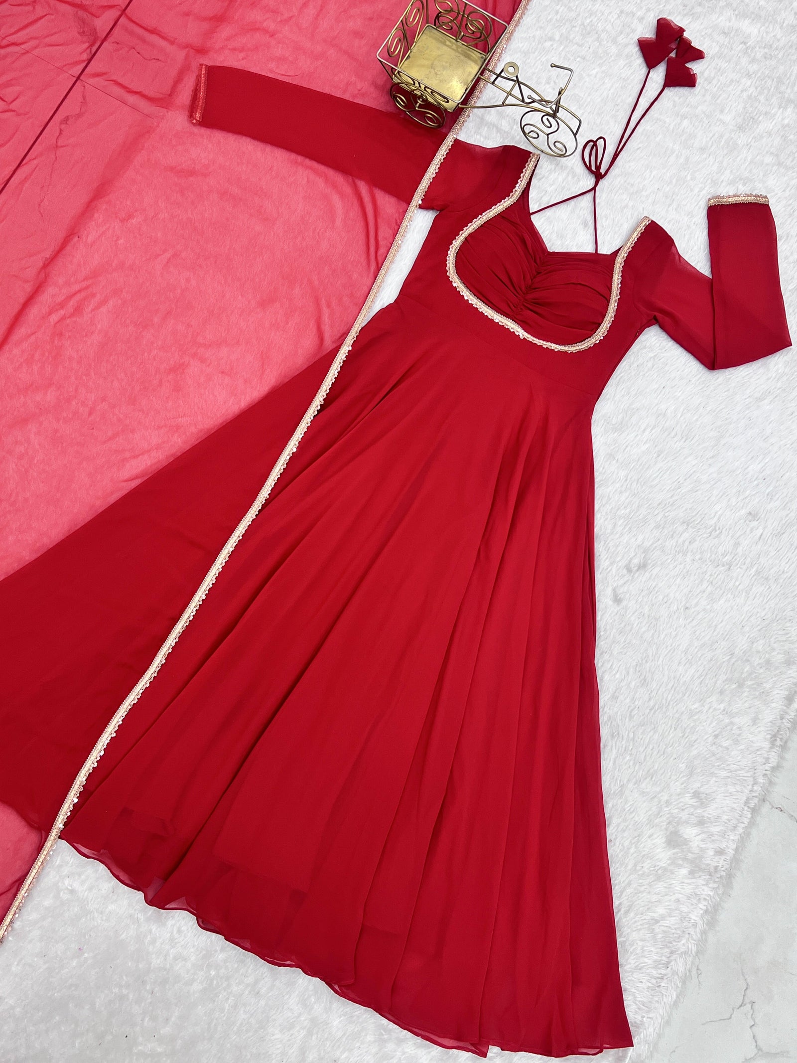 Red Georgette Gown with Lace Dupatta ClothsVilla