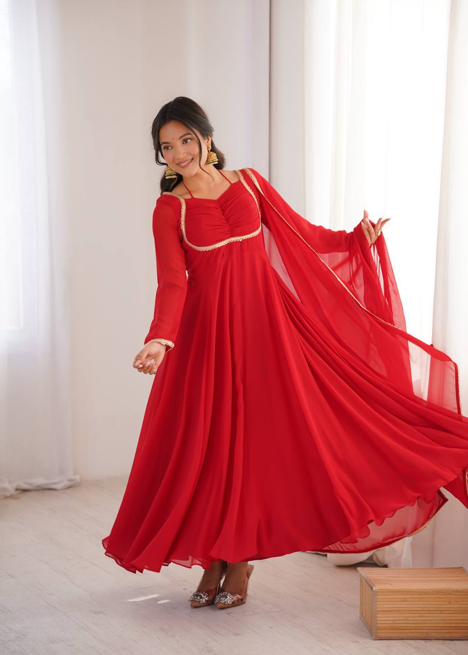 Red Georgette Gown with Lace Dupatta ClothsVilla