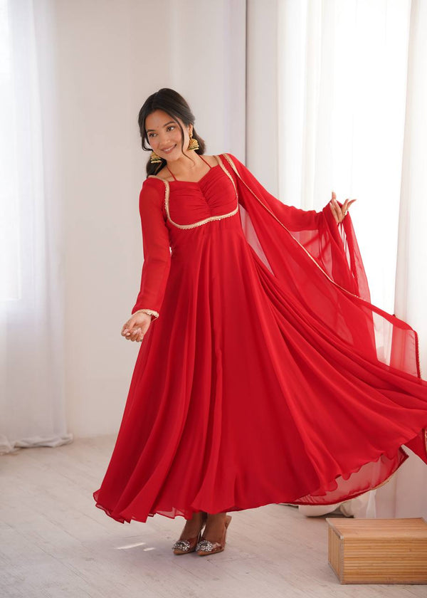Red Georgette Gown with Lace Dupatta ClothsVilla