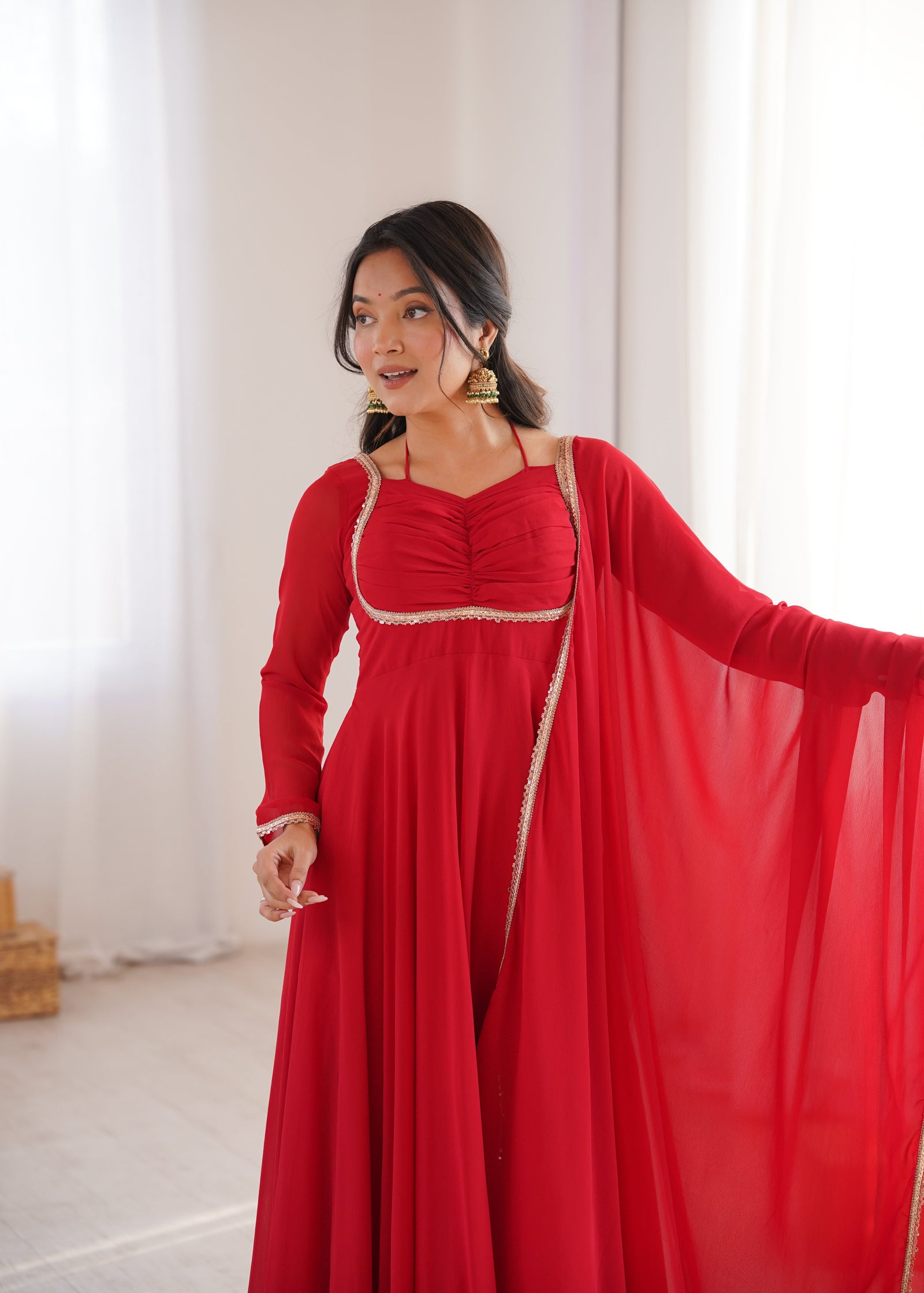Red Georgette Gown with Lace Dupatta ClothsVilla
