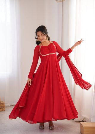 Red Georgette Gown with Lace Dupatta ClothsVilla