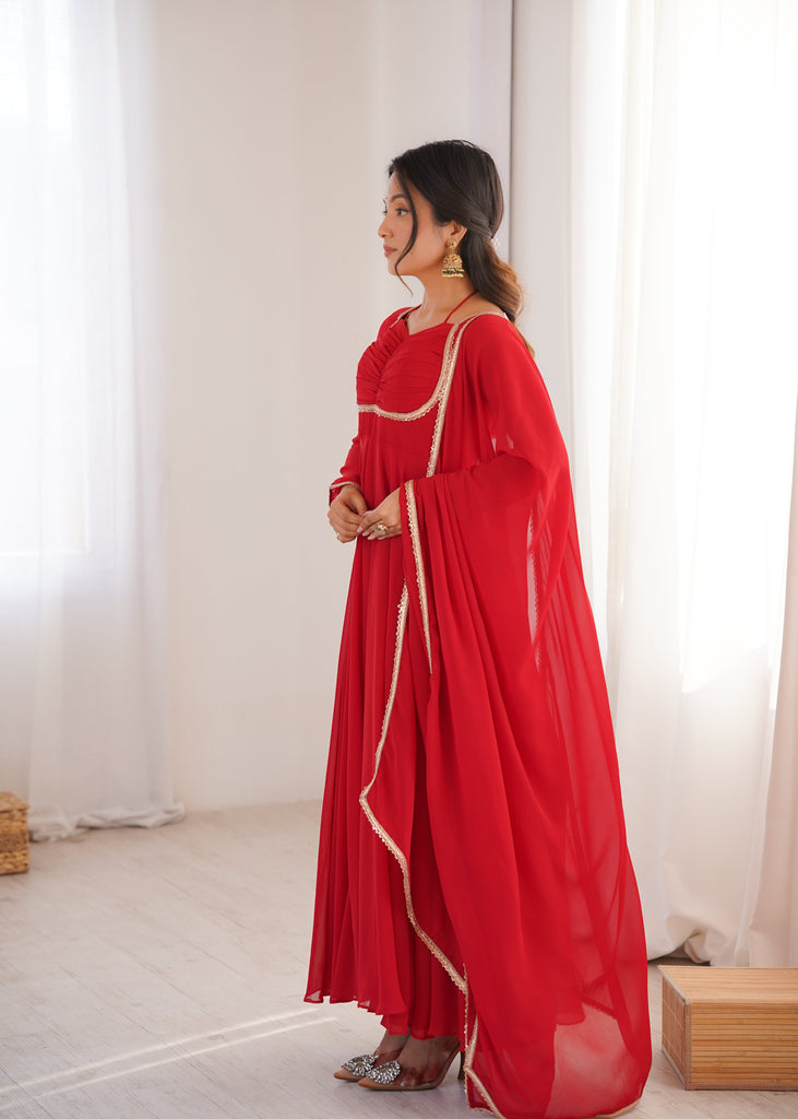 Red Georgette Gown with Lace Dupatta ClothsVilla