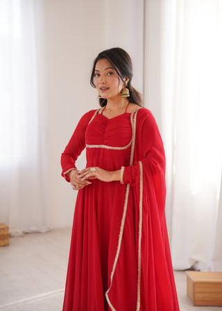 Red Georgette Gown with Lace Dupatta ClothsVilla