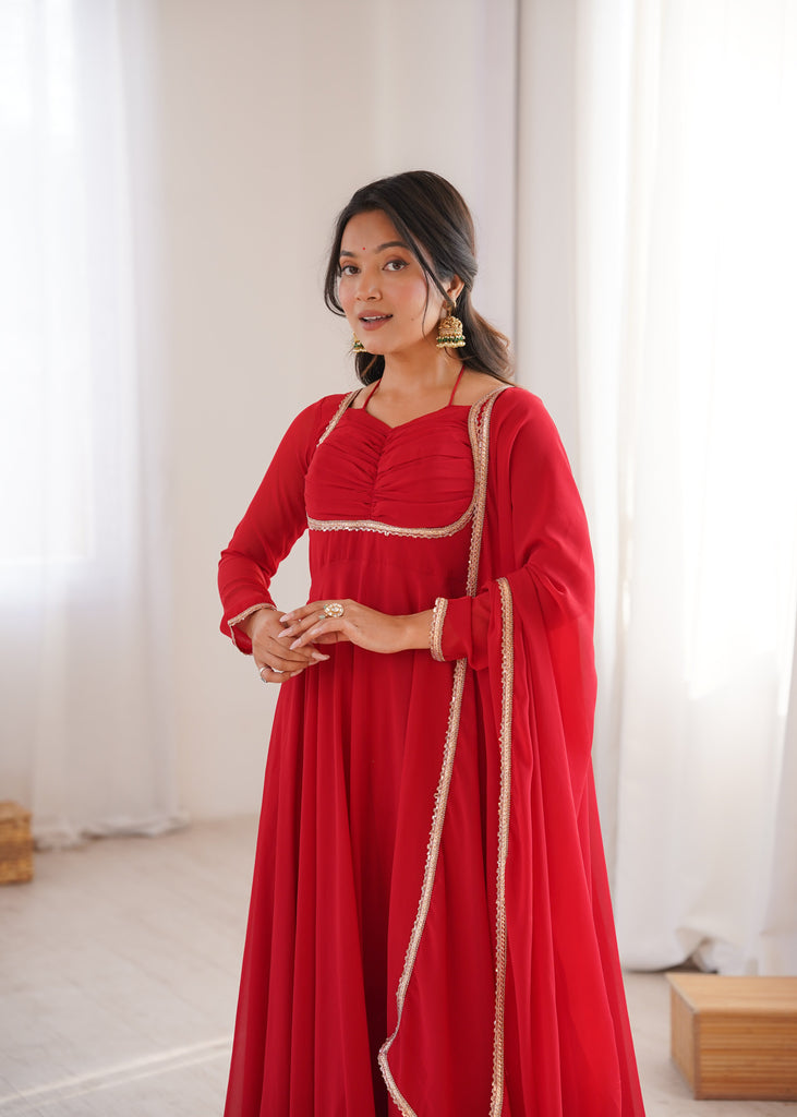 Red Georgette Gown with Lace Dupatta ClothsVilla