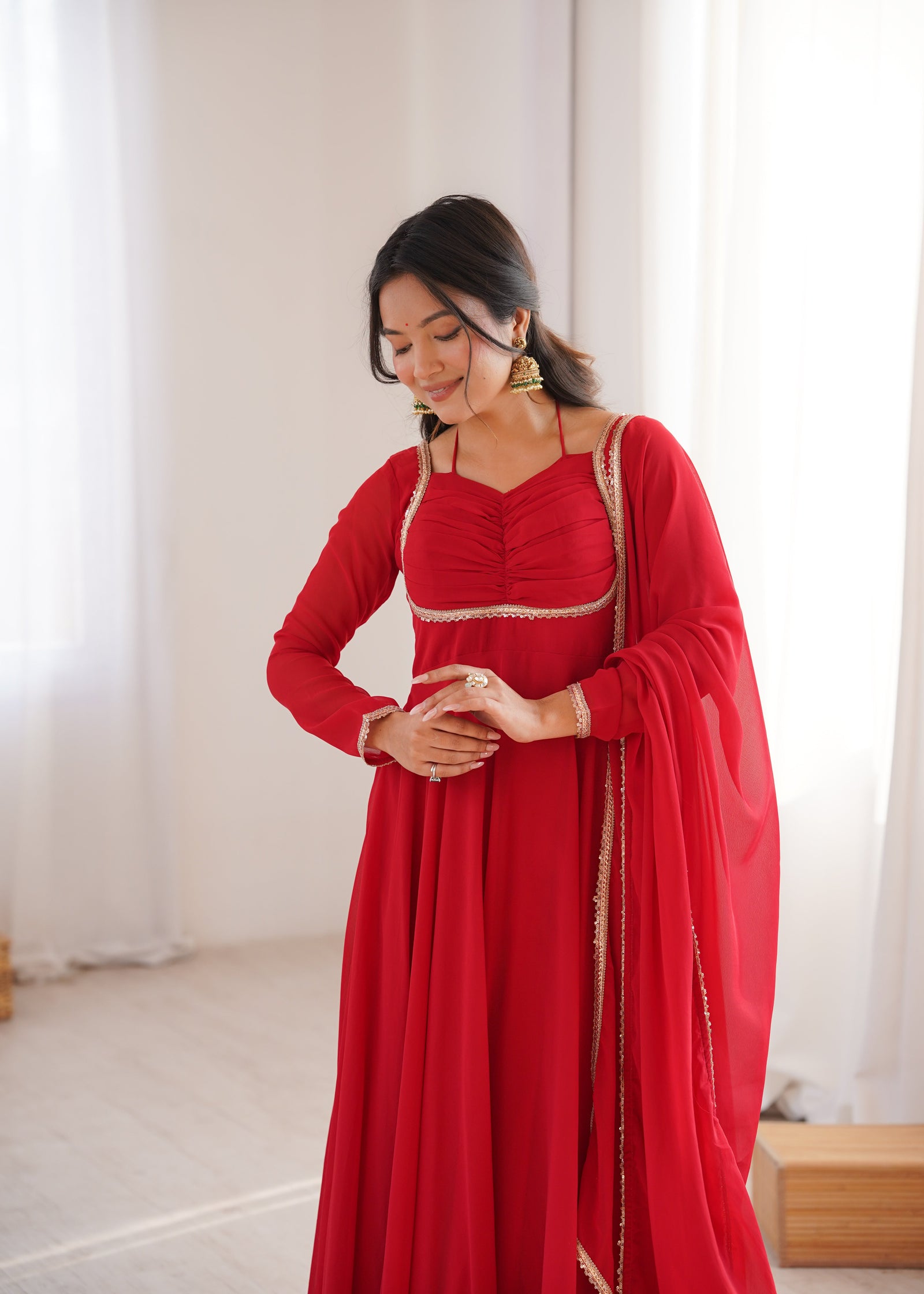 Red Georgette Gown with Lace Dupatta ClothsVilla