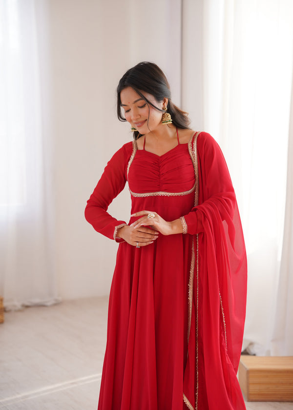 Red Georgette Gown with Lace Dupatta ClothsVilla