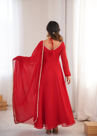 Red Georgette Gown with Lace Dupatta ClothsVilla