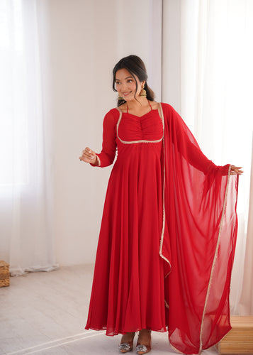 Red Georgette Gown with Lace Dupatta ClothsVilla