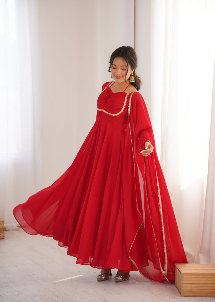 Red Georgette Gown with Lace Dupatta ClothsVilla