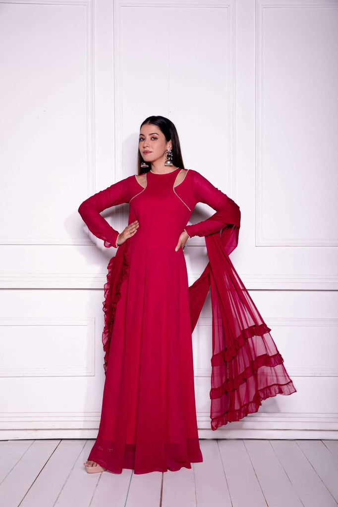 Red Georgette Gown with Matching Dupatta ClothsVilla