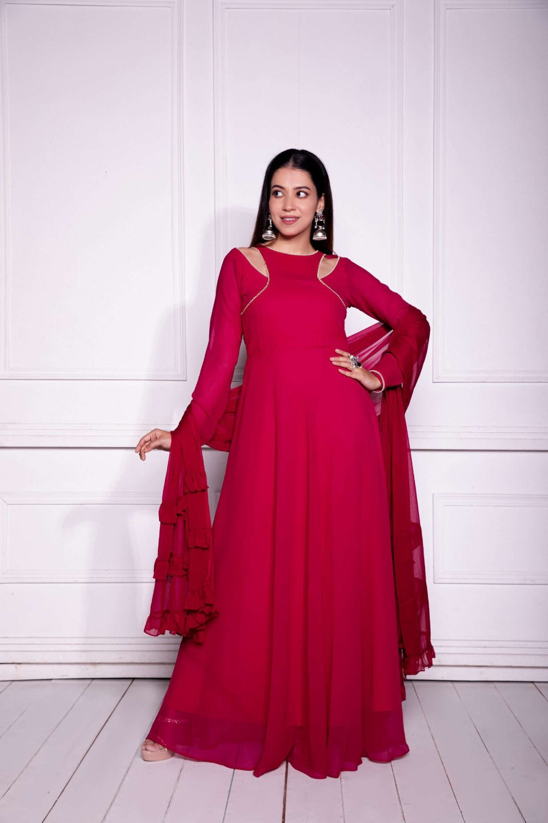 Red Georgette Gown with Matching Dupatta ClothsVilla Main image