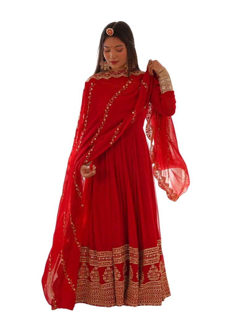 Red Georgette Gown with Sequins and Zari Detailing ClothsVilla