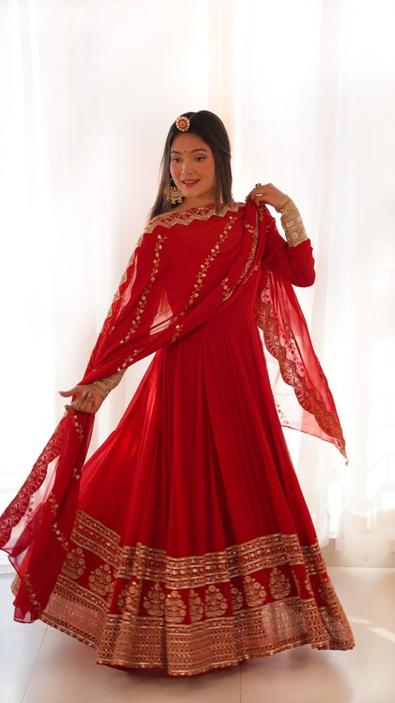 Red Georgette Gown with Sequins and Zari Detailing ClothsVilla