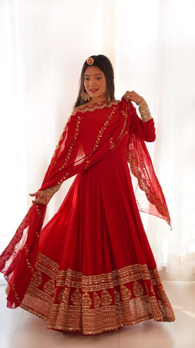 Red Georgette Gown with Sequins and Zari Detailing ClothsVilla
