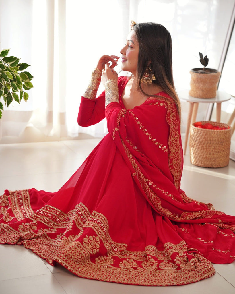 Red Georgette Gown with Sequins and Zari Detailing ClothsVilla