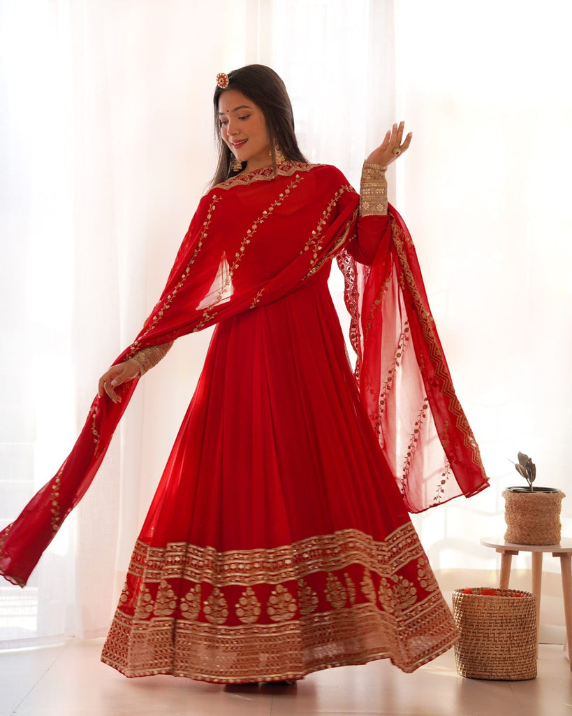 Red Georgette Gown with Sequins and Zari Detailing ClothsVilla