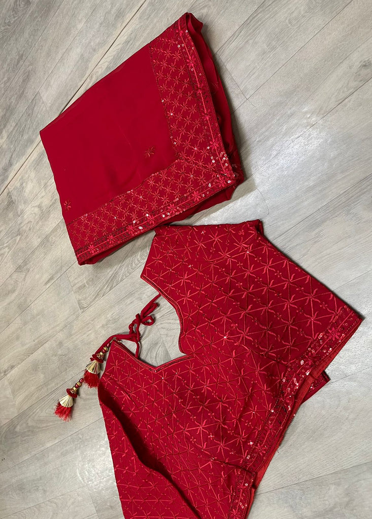 Red Georgette Saree with Heavy Embroidered Sequenced Lace and Blouse ClothsVilla