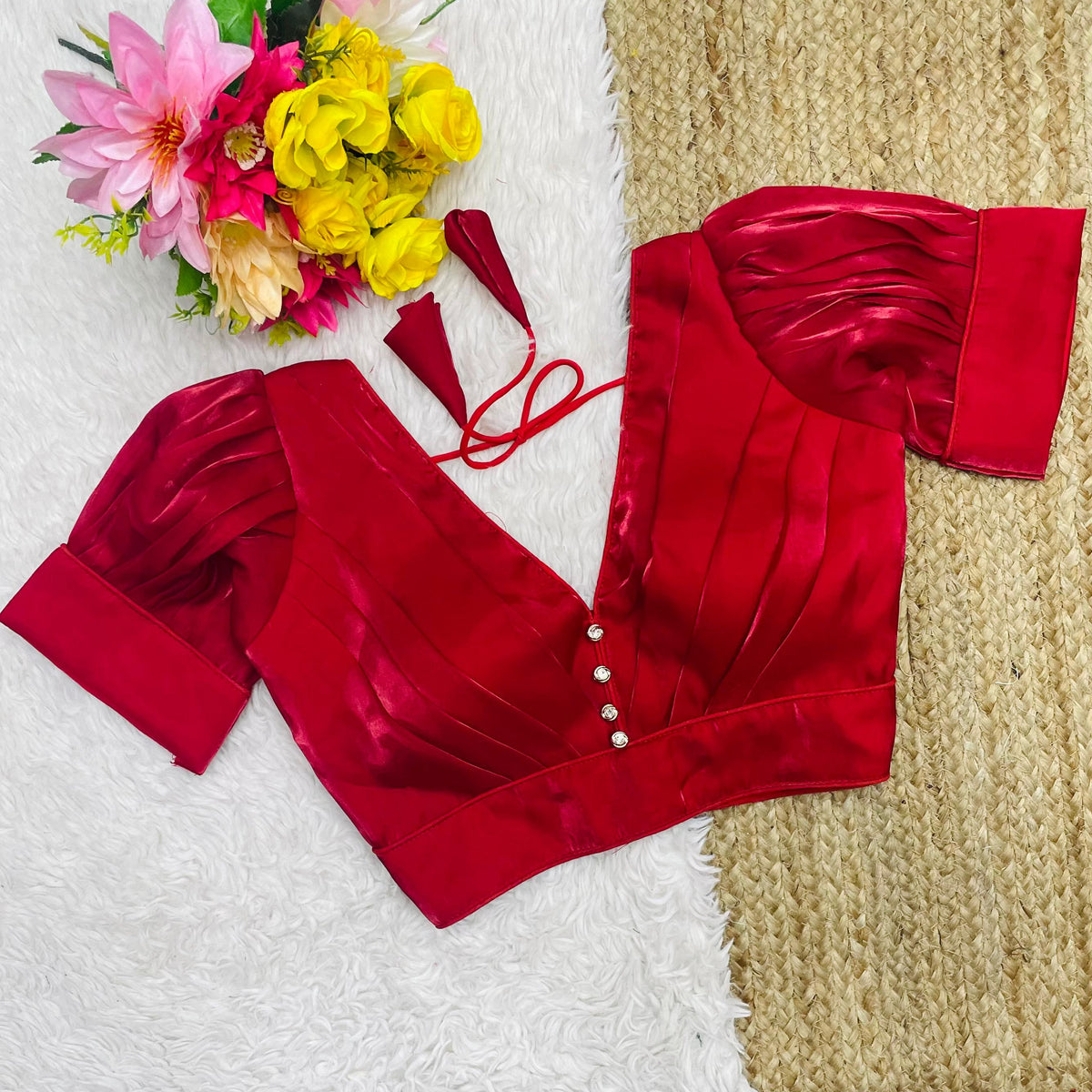 Red Glamorous Ruffled Metallic Jimmy Choo Blouse ClothsVilla Main image