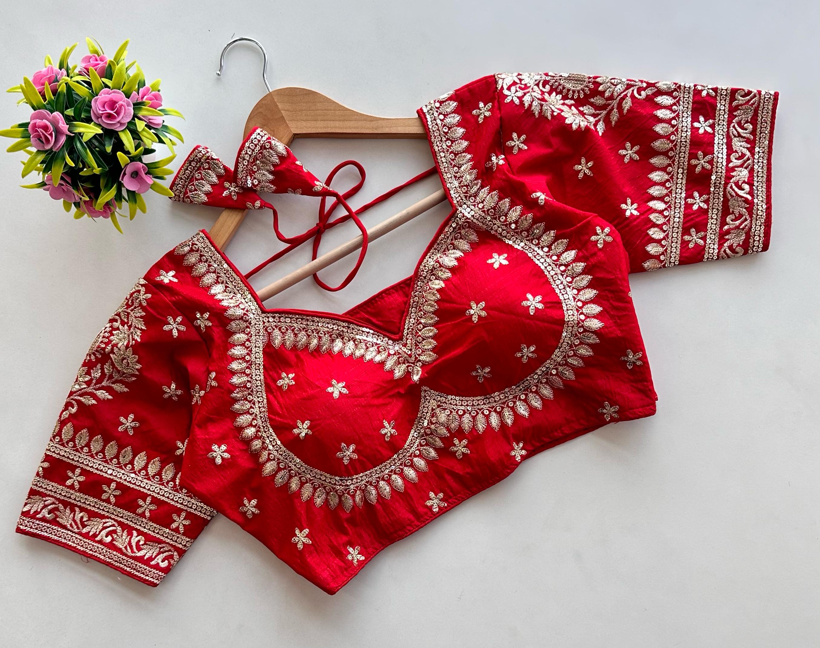 Red Golden Embroidered Blubbery Silk Blouse with Sequins ClothsVilla Main image