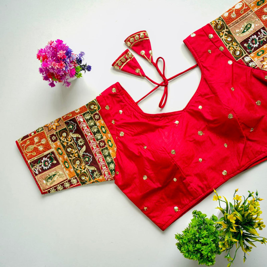 Red Golden Embroidered Seoul Silk Blouse with Sequins ClothsVilla