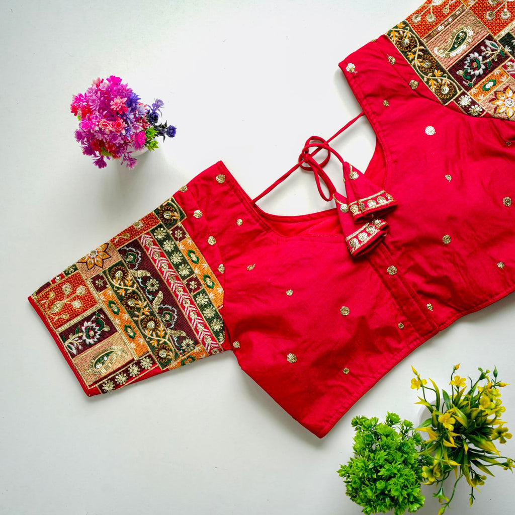 Red Golden Embroidered Seoul Silk Blouse with Sequins ClothsVilla