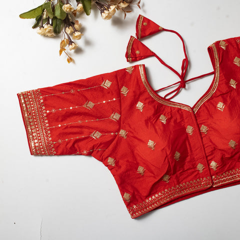 Red Golden Embroidered Vibrant Silk Blouse with Sequins ClothsVilla Main image