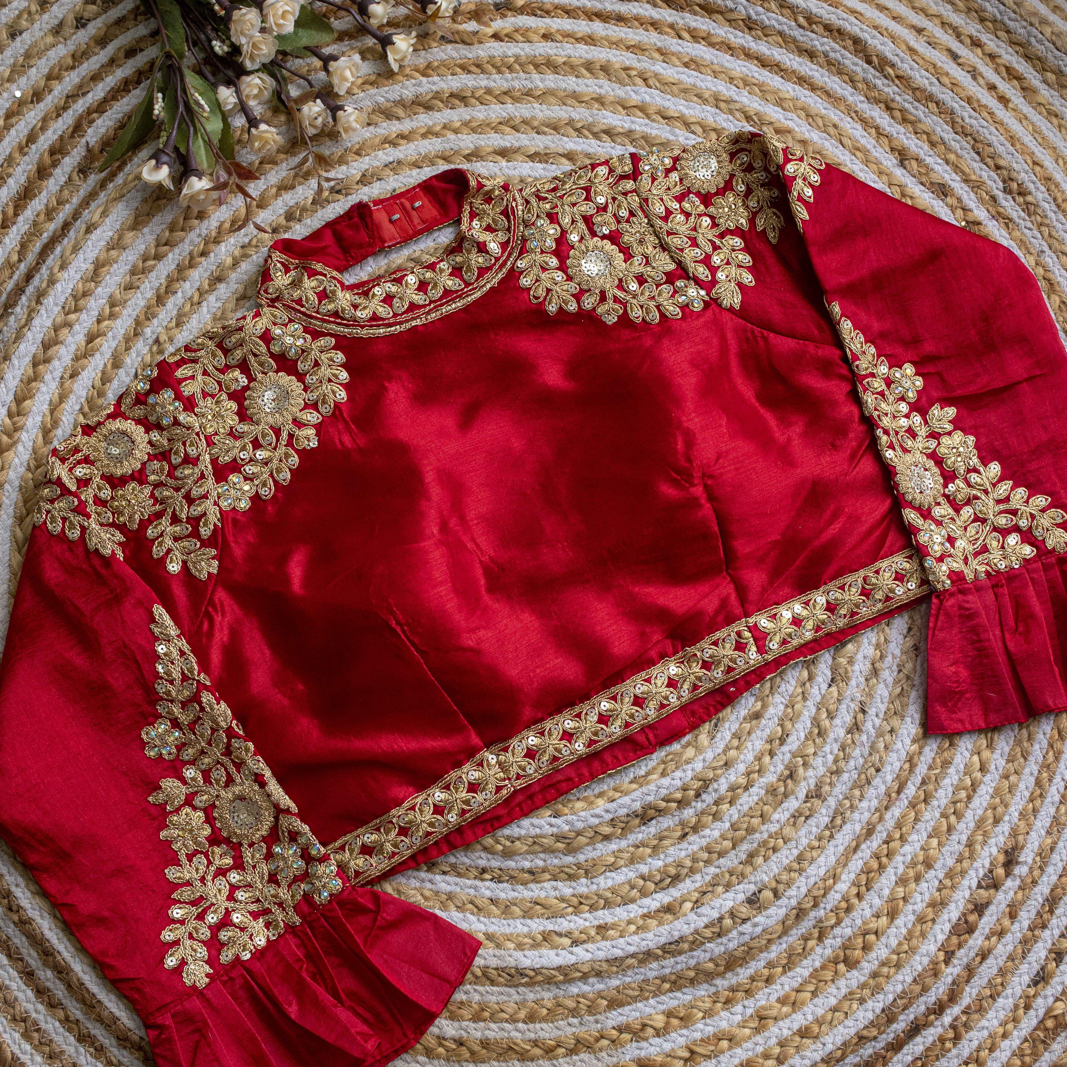 Red Golden Sequence Embroidered Blouse in glossy silk ClothsVilla Main image