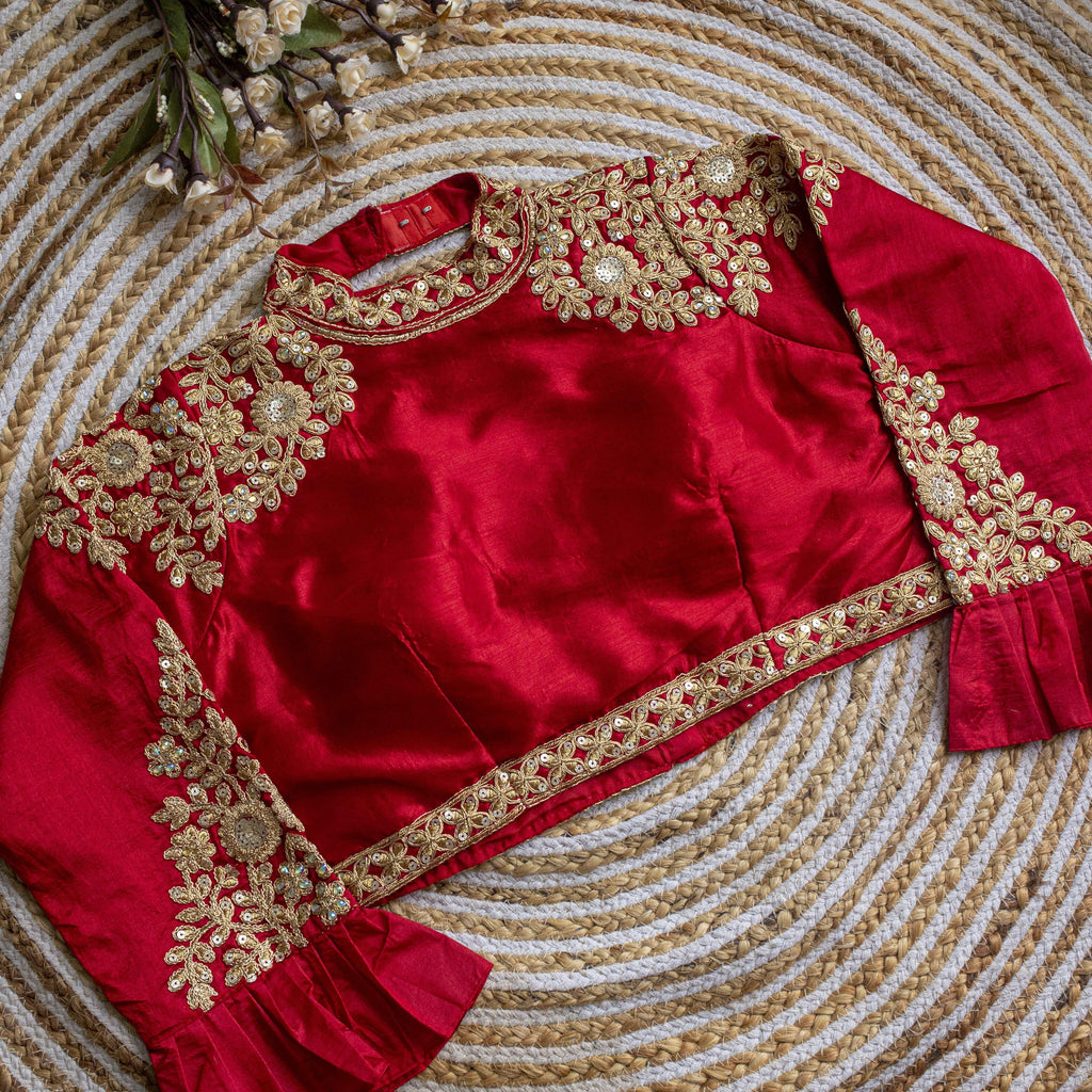 Red Golden Sequence Embroidered Blouse in glossy silk ClothsVilla