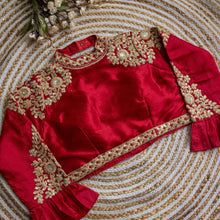 Load image into Gallery viewer, Red Golden Sequence Embroidered Blouse in glossy silk ClothsVilla