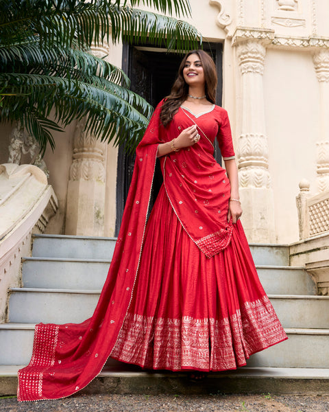 Red Graceful Elegance Pure Chanderi Lehenga with Zari Border & Sequin Dupatta Main image