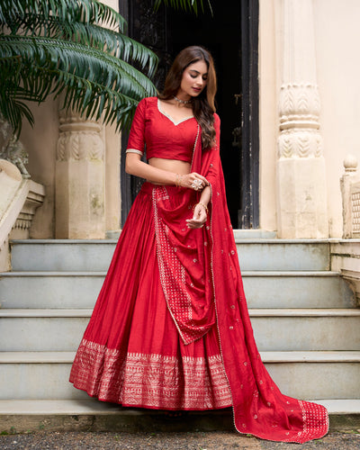 Red Graceful Elegance Pure Chanderi Lehenga with Zari Border & Sequin Dupatta