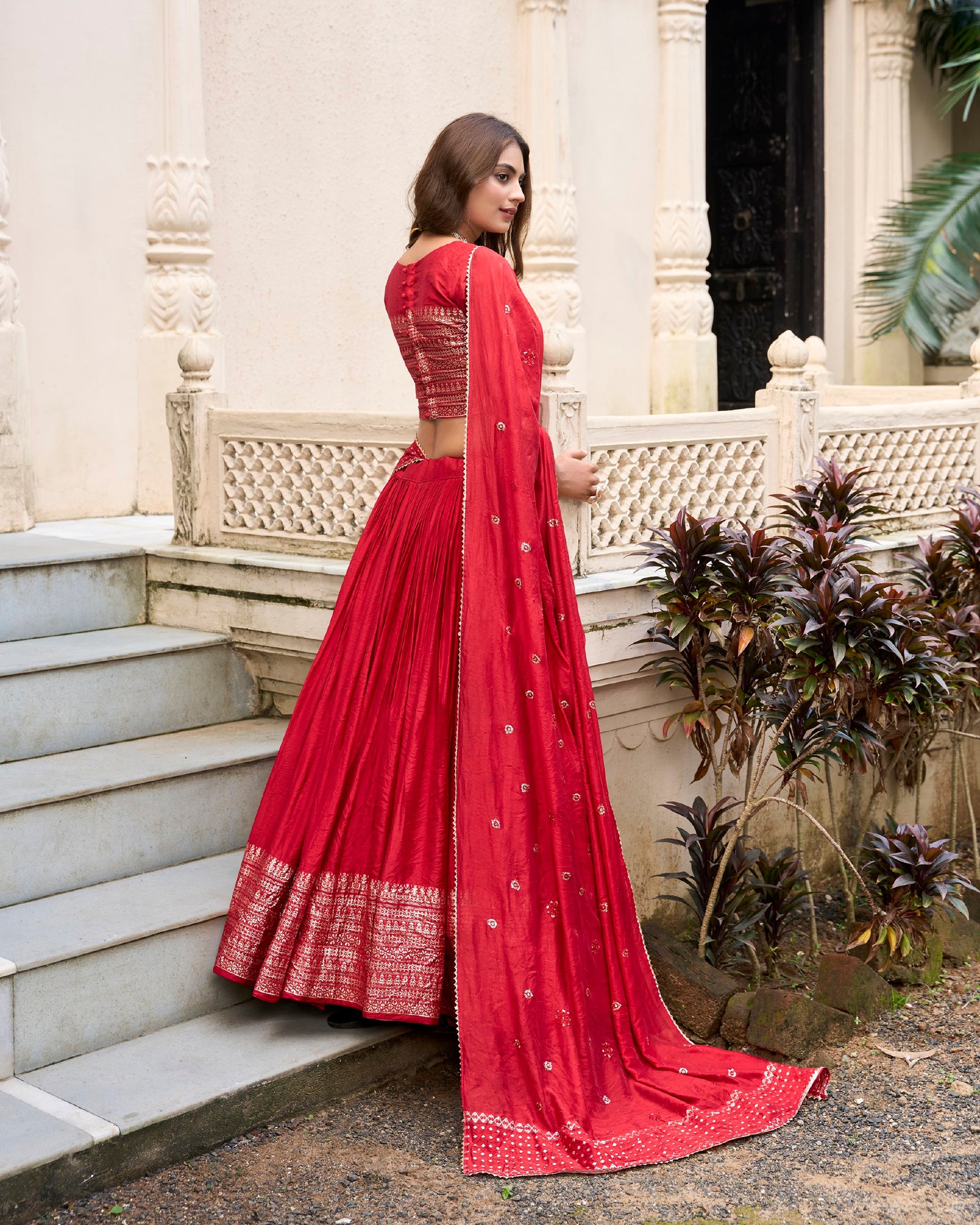 Red Graceful Elegance Pure Chanderi Lehenga with Zari Border & Sequin Dupatta