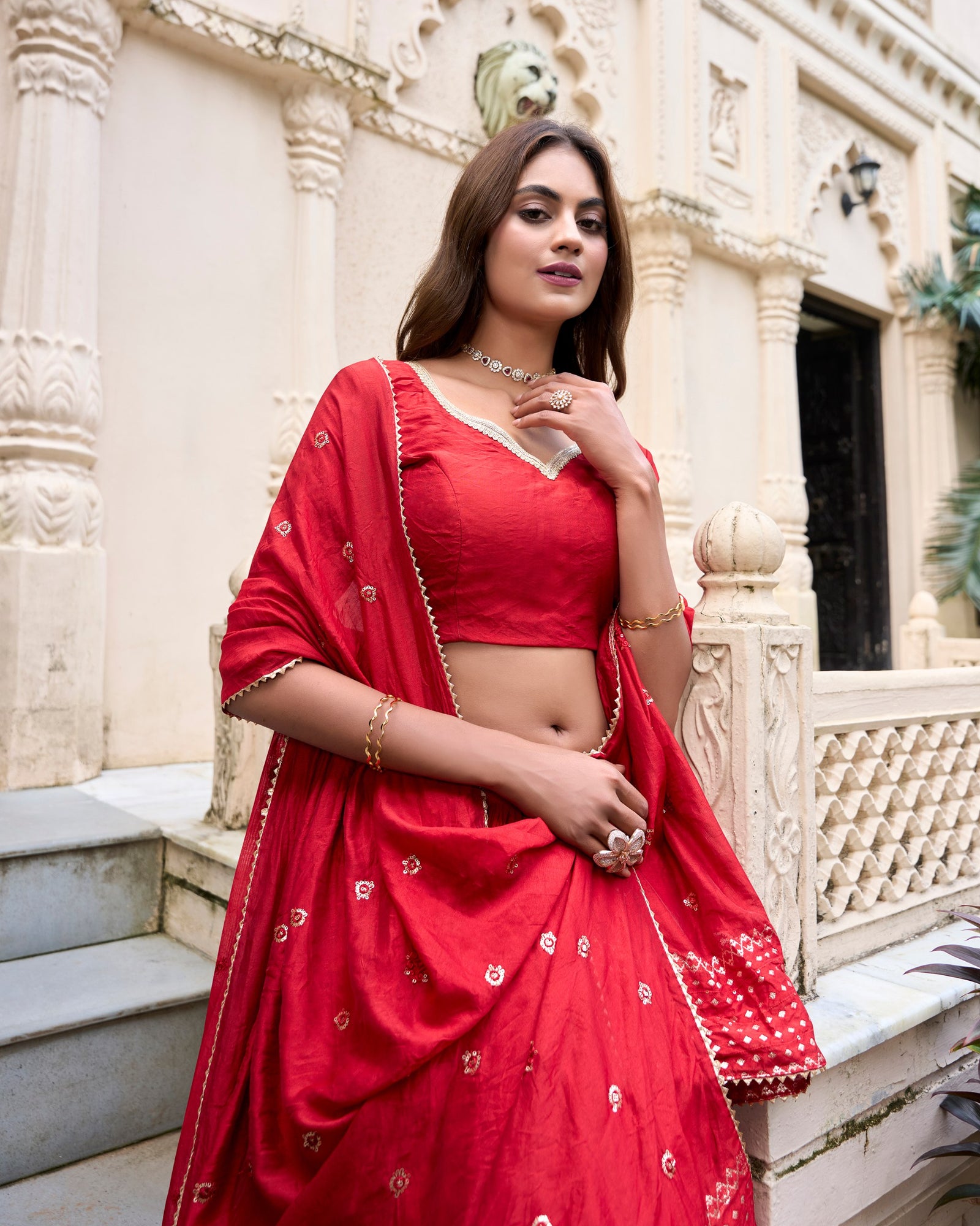 Red Graceful Elegance Pure Chanderi Lehenga with Zari Border & Sequin Dupatta