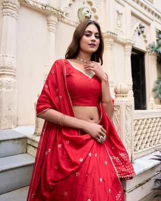 Red Graceful Elegance Pure Chanderi Lehenga with Zari Border & Sequin Dupatta