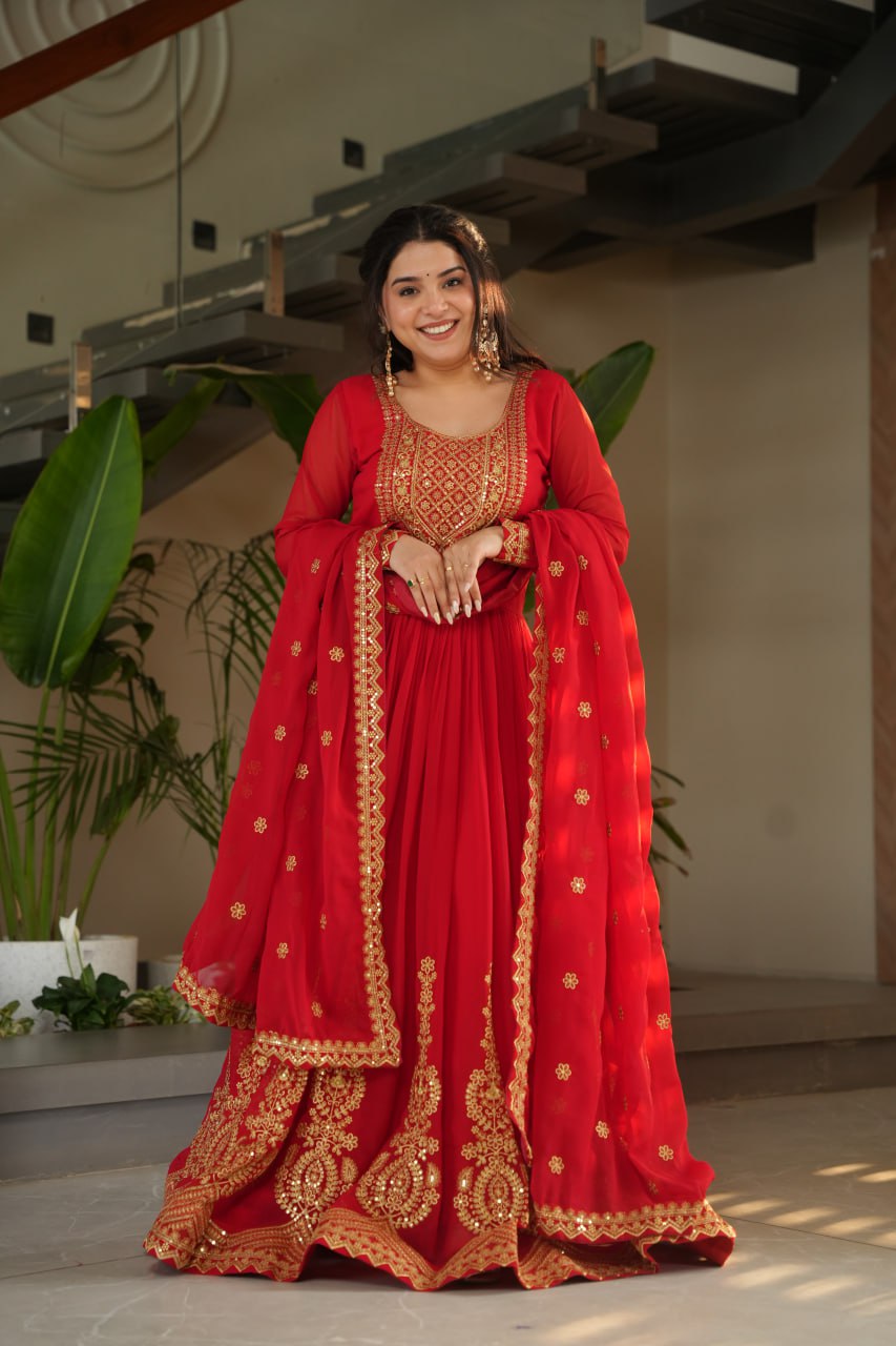 Red Graceful Faux Blooming Embroidered Gown with Sequins Dupatta – Fully Stitched Elegance ClothsVilla Main image