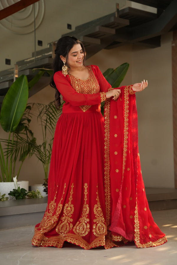Red Graceful Faux Blooming Embroidered Gown with Sequins Dupatta – Fully Stitched Elegance ClothsVilla