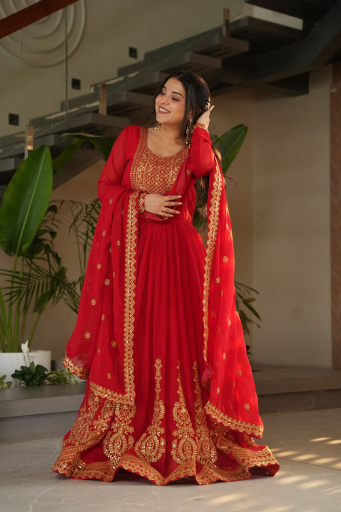Red Graceful Faux Blooming Embroidered Gown with Sequins Dupatta – Fully Stitched Elegance ClothsVilla