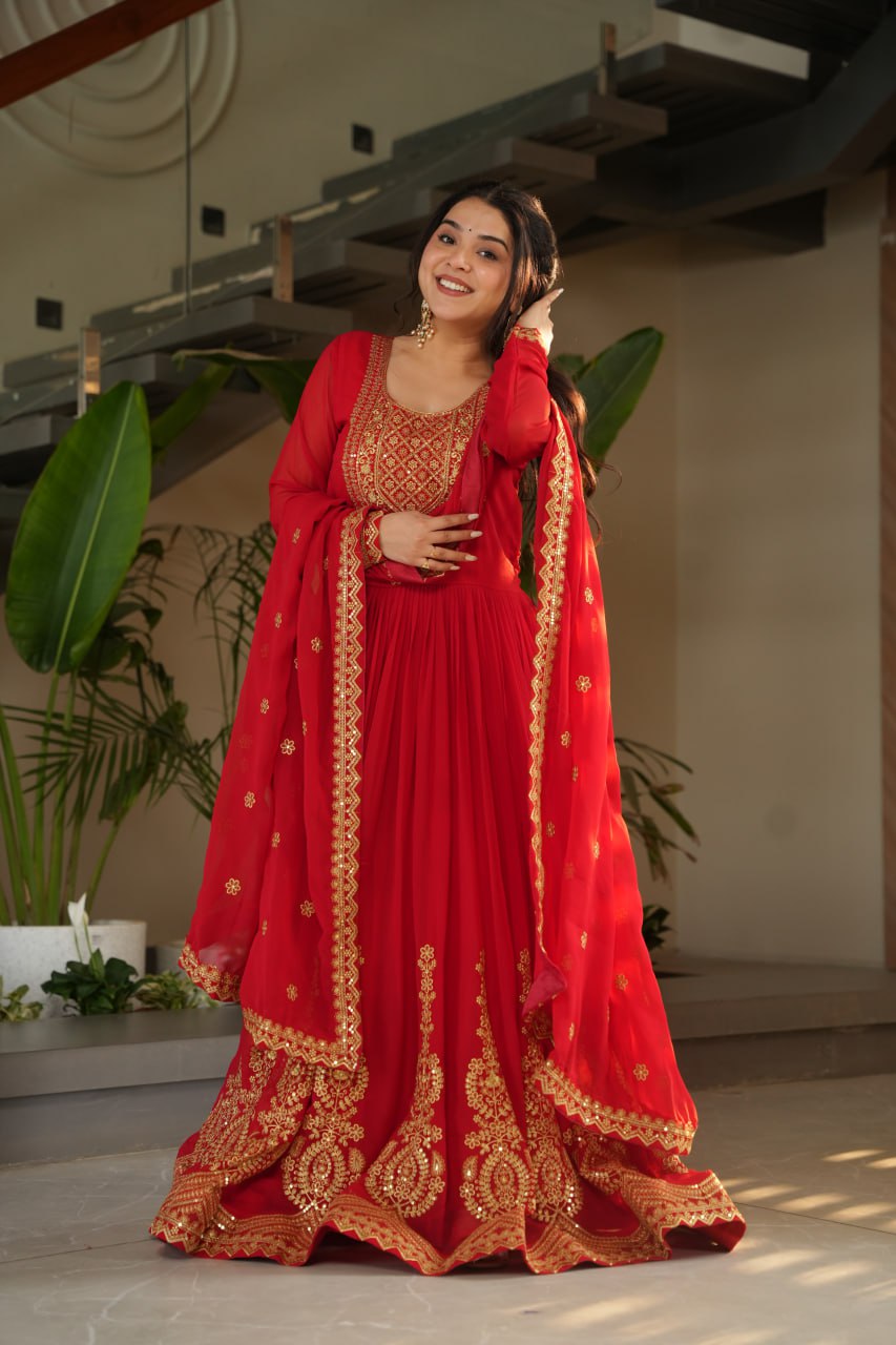 Red Graceful Faux Blooming Embroidered Gown with Sequins Dupatta – Fully Stitched Elegance ClothsVilla
