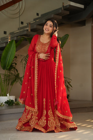 Red Graceful Faux Blooming Embroidered Gown with Sequins Dupatta – Fully Stitched Elegance ClothsVilla