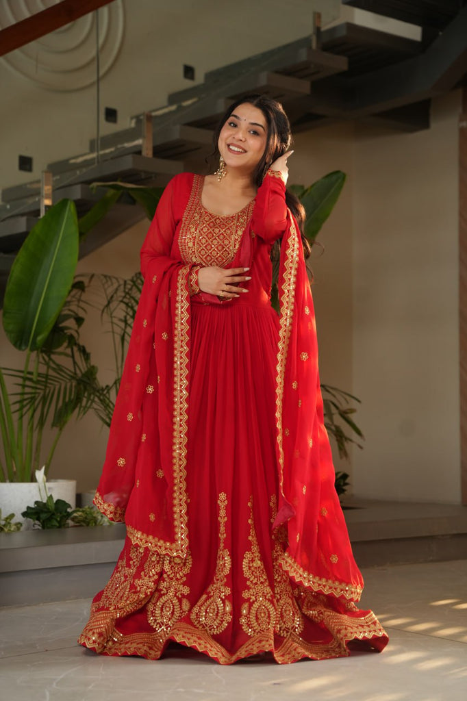 Red Graceful Faux Blooming Embroidered Gown with Sequins Dupatta – Fully Stitched Elegance ClothsVilla