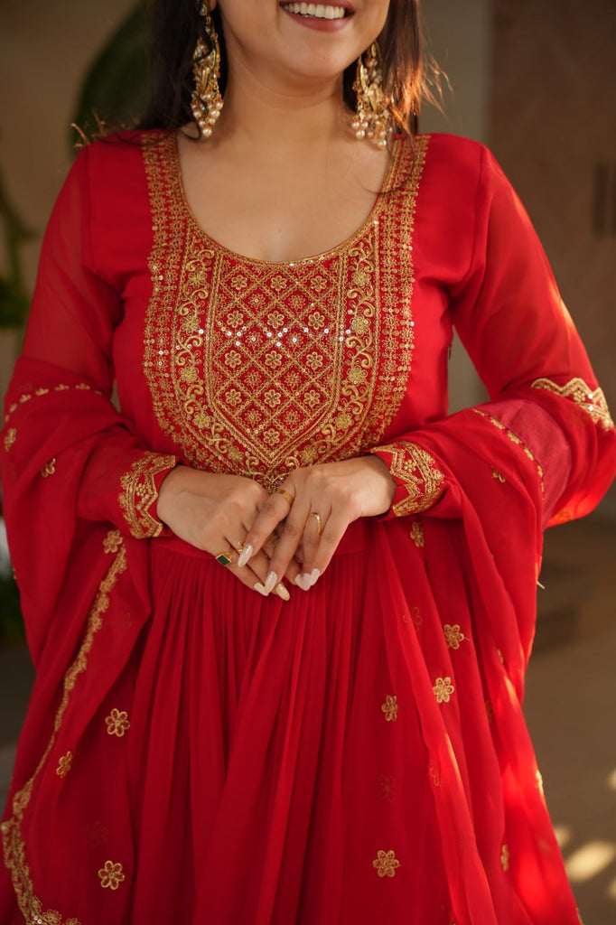 Red Graceful Faux Blooming Embroidered Gown with Sequins Dupatta – Fully Stitched Elegance ClothsVilla