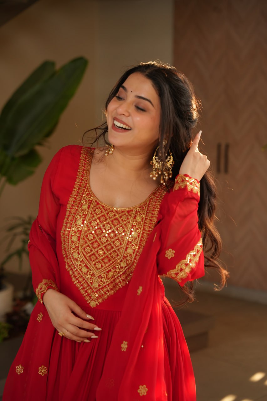 Red Graceful Faux Blooming Embroidered Gown with Sequins Dupatta – Fully Stitched Elegance ClothsVilla