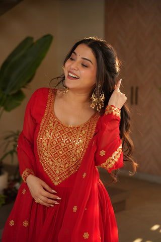 Red Graceful Faux Blooming Embroidered Gown with Sequins Dupatta – Fully Stitched Elegance ClothsVilla