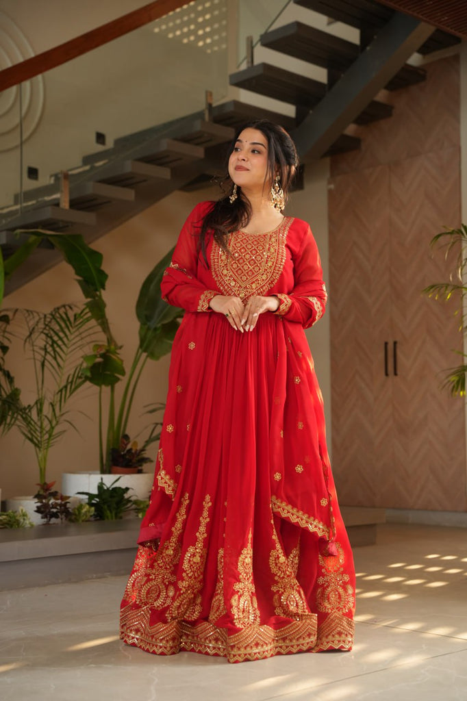 Red Graceful Faux Blooming Embroidered Gown with Sequins Dupatta – Fully Stitched Elegance ClothsVilla