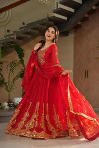 Red Graceful Faux Blooming Embroidered Gown with Sequins Dupatta – Fully Stitched Elegance ClothsVilla