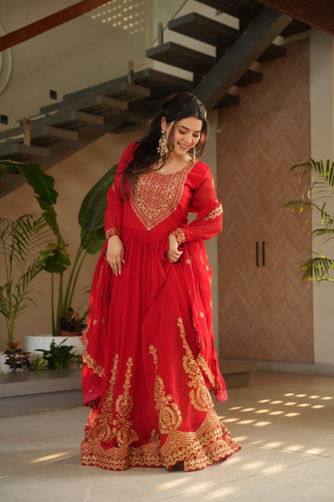 Red Graceful Faux Blooming Embroidered Gown with Sequins Dupatta – Fully Stitched Elegance ClothsVilla